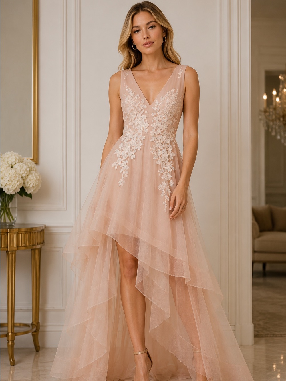 BCBG Blush Pink V-Neck High-Low Tulle Dress with Floral Appliqué